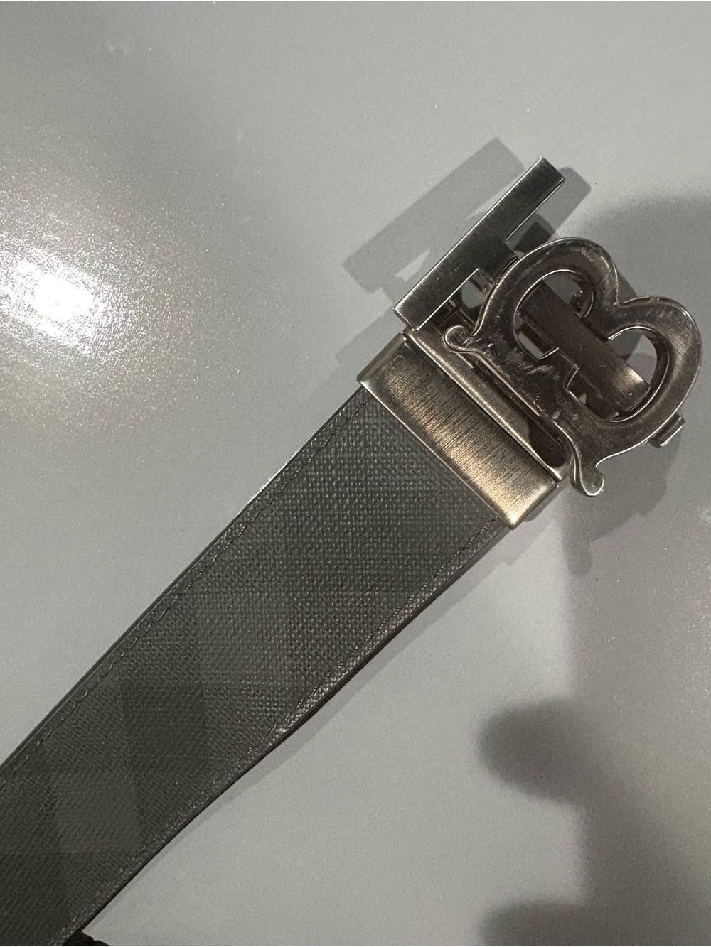 Burberry Grey Textured Leather Belt with Silver TB Buckle $200 or best offer